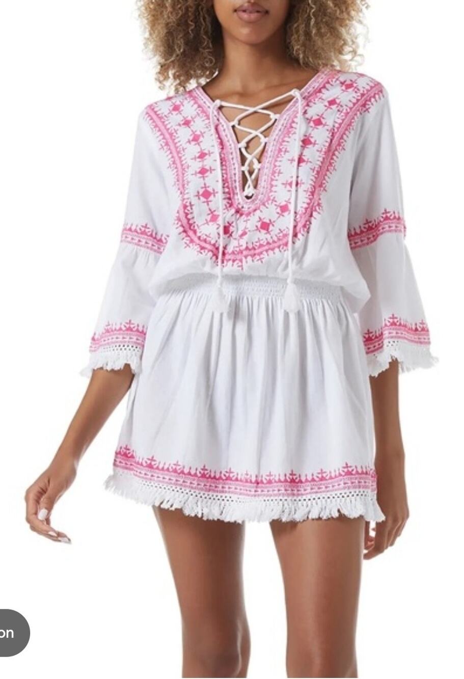 Melissa Odabash Martina White Pink Embroidered Cotton Blend Dress XS Beach Resor